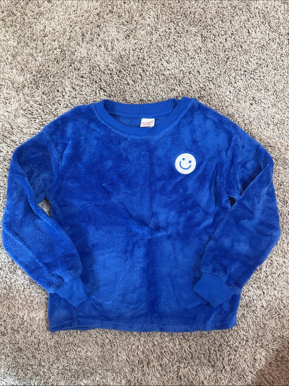 Cat & Jack Royal Blue Plush Kids Sweatshirt with White Smiley Patch Size S (6/7)